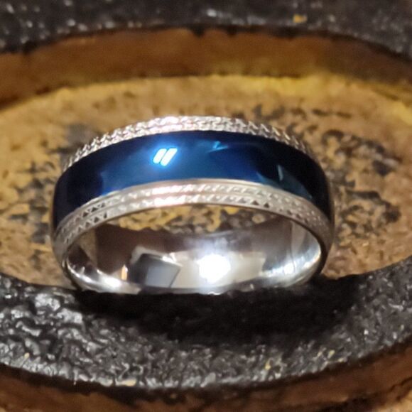Men's Blue Domed Xband  Promise Ring Band - Guys Promise Ring Blue and Silver - Picture 4 of 8